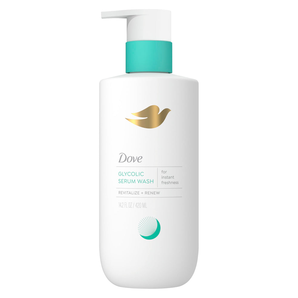 Dove Glycolic Serum Body Wash bottle front, smooth skin promise
