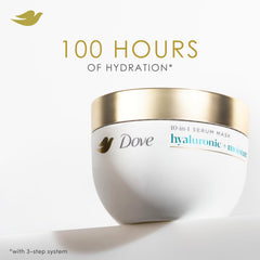 Dove Hyaluronic Moisture Mask applied to damp hair for silky-smooth results.