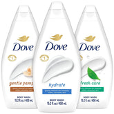 Dove Hydrate bottle being poured, highlighting moisturizing formula for dry skin
