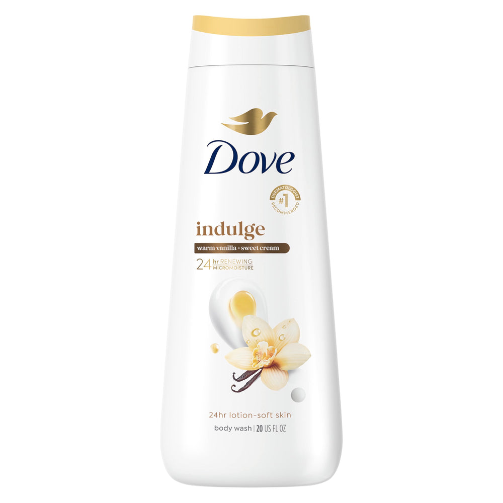 Dove Indulge body wash bottle showcasing warm vanilla and sweet cream aroma for hydration
