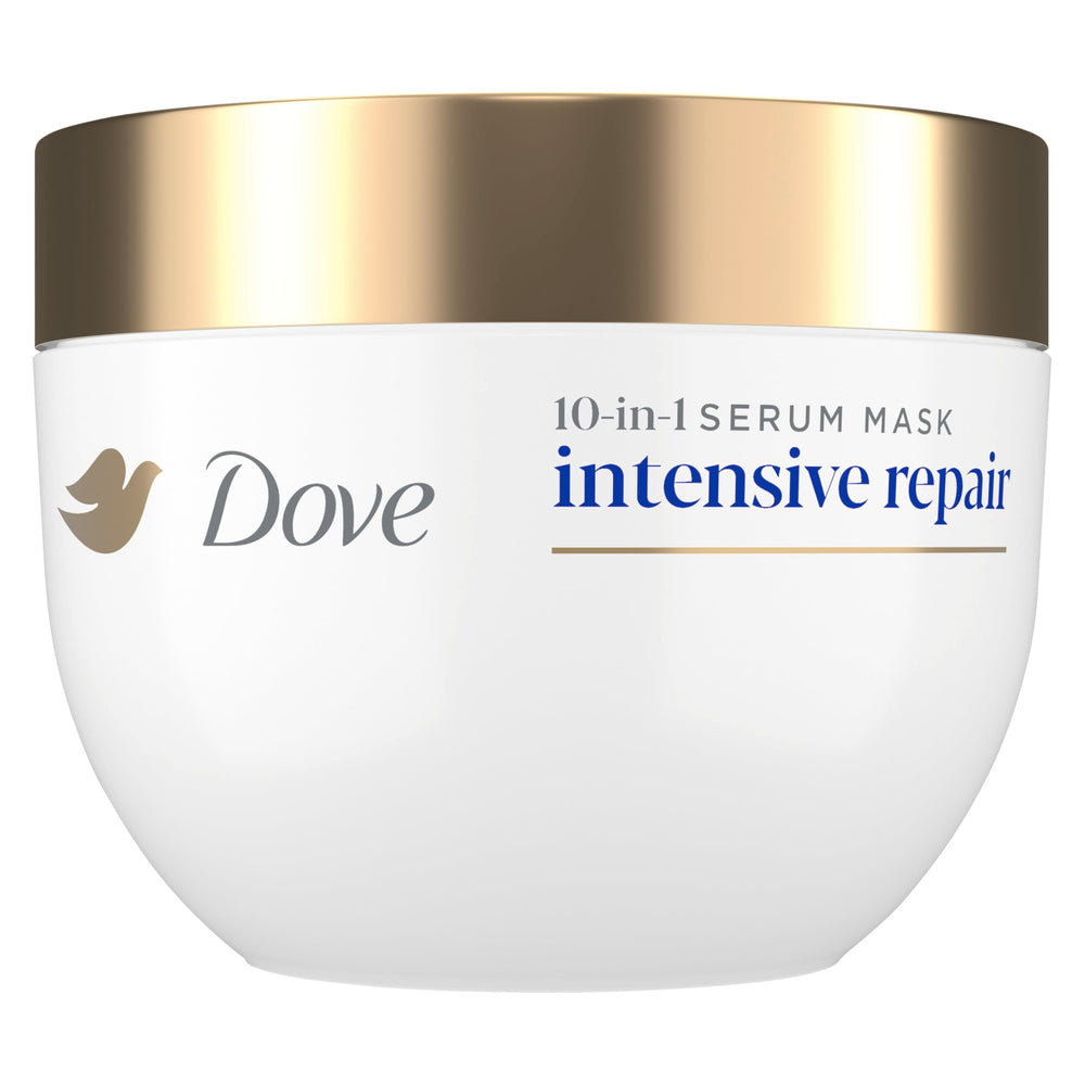 Dove Intensive Repair serum mask bottle closeup promotes strong, nourished hair.
