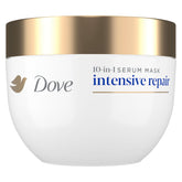 Dove Intensive Repair serum mask bottle closeup promotes strong, nourished hair.