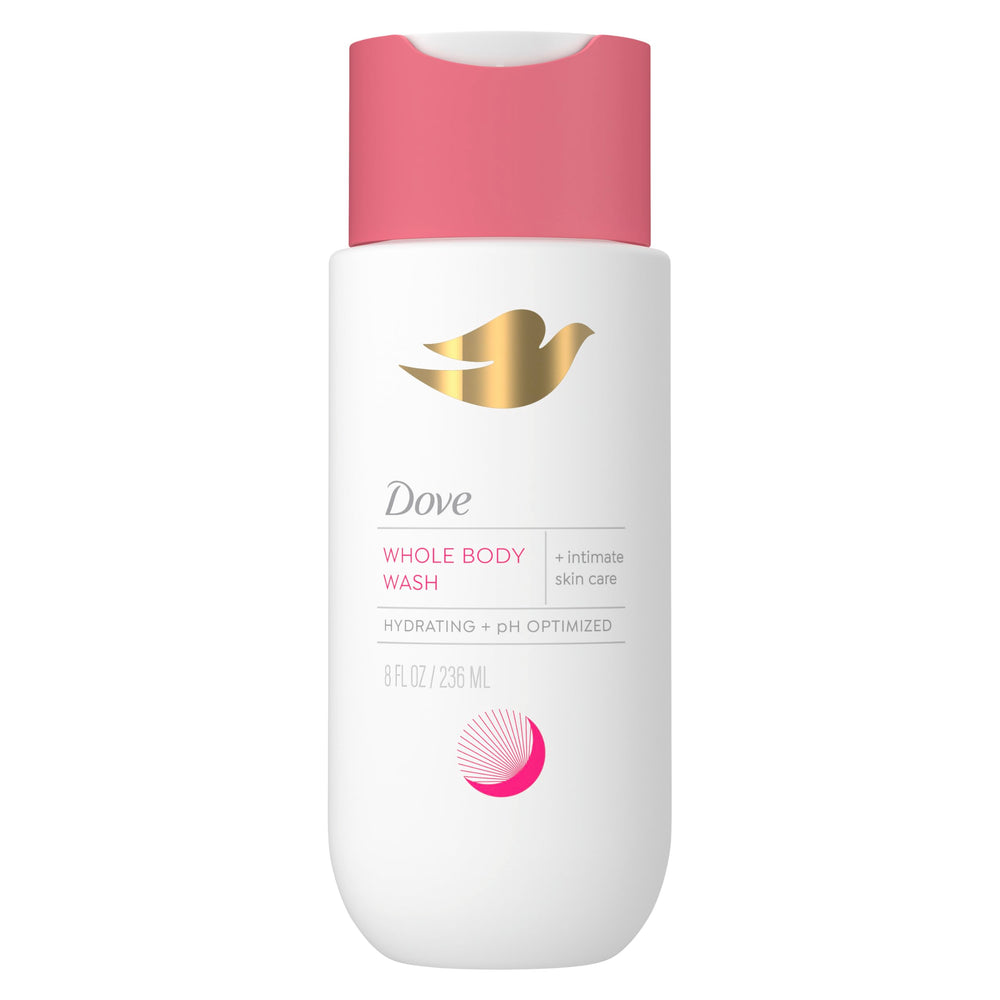Dove Intimate Wash bottle closeup showing clear, unscented formula ideal for sensitive skin.
