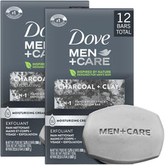 Dove Men+Care charcoal bar 12-bars pack ready for daily cleansing.