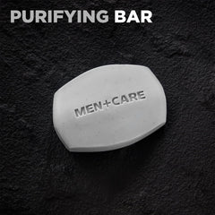 Dove Men+Care charcoal bar used on body, face, and shaving prep.