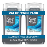 Dove Men+Care Clean Comfort deodorant stick twin-pack packaging for on-the-go use.
