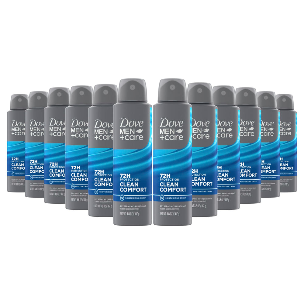 Dove Men+Care Clean Comfort dry spray, 12-pack, for all-day freshness.