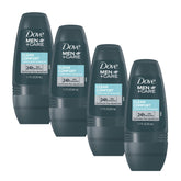 Dove Men+Care Clean Comfort roll-on four-pack close-up, showcasing value-packed daily protection