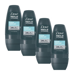 Dove Men+Care Clean Comfort roll-on four-pack close-up, showcasing value-packed daily protection
