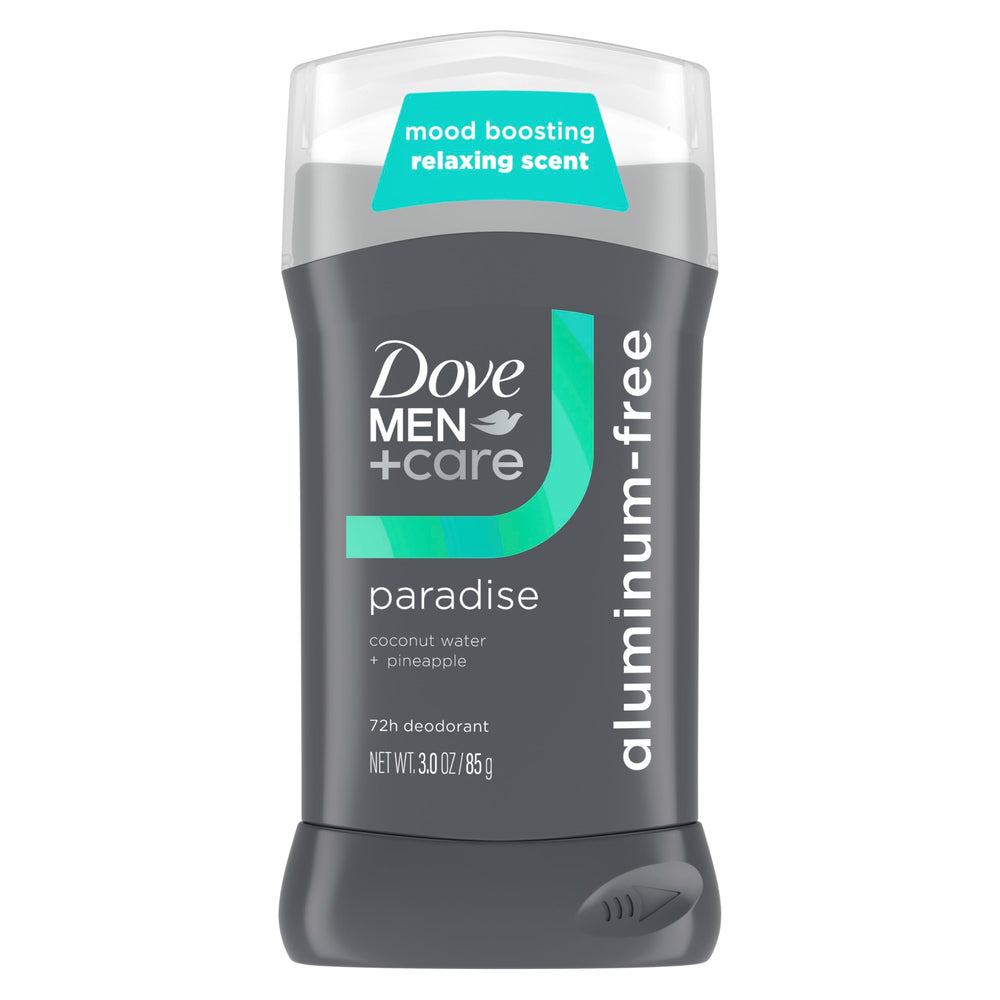 Dove Men+Care Paradise deodorant stick front packaging shows 72-hour odor protection.