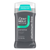 Dove Men+Care Paradise deodorant stick front packaging shows 72-hour odor protection.