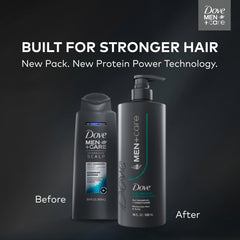Dove Men+Care Pyrithione Zinc formula label highlights dandruff defense benefits.