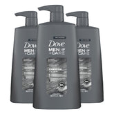 DOVE Men + Care Charcoal + Clay shampoo bottle front view for purified, healthy-looking hair