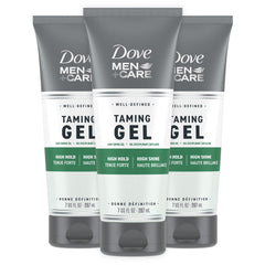 Dove Men+Care Styling Gel bottle showing strong hold for a controlled look.