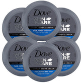 Dove Men+Care Ultra Hydra Cream bottle front shows all-over hydration for all skin types.