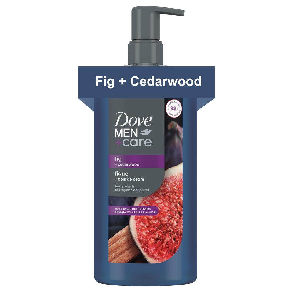 Dove Men+Care Fig + Cedarwood bottle with hydrating formula for daily cleansing.