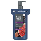Dove Men+Care Fig + Cedarwood bottle with hydrating formula for daily cleansing.