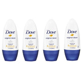 Dove Original Clean roll-on 4-pack box shows aluminum-free formula for all-day freshness.