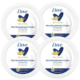 Dove Rich Nourishing Cream jar close-up showing a non-greasy, deeply hydrating texture.