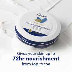 Dove Rich Nourishing Cream on face and body provides all-over hydration.