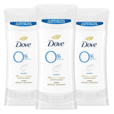 Dove 0% aluminum deodorant bottle for sensitive skin with long-lasting odor protection.