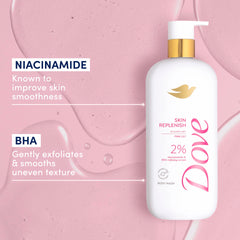 Dove Serum Body Wash Skin Replenish tub shows 2% niacinamide and BHA refining action