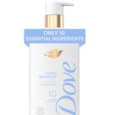 Dove Serum Body Wash Ultra Gentle bottle on white background for sensitive skin cleansing.