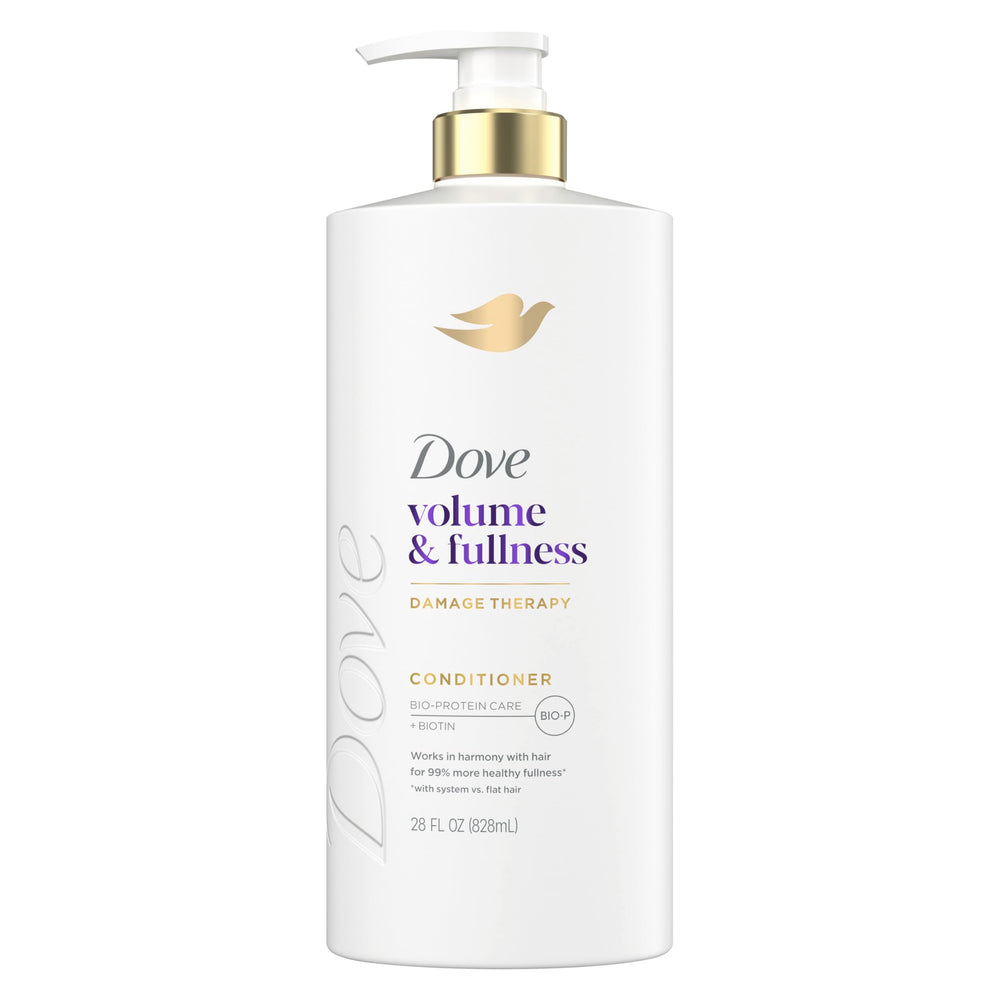Dove Volume & Fullness Conditioner bottle closeup for fuller-looking hair.