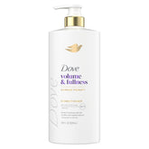 Dove Volume & Fullness Conditioner bottle closeup for fuller-looking hair.