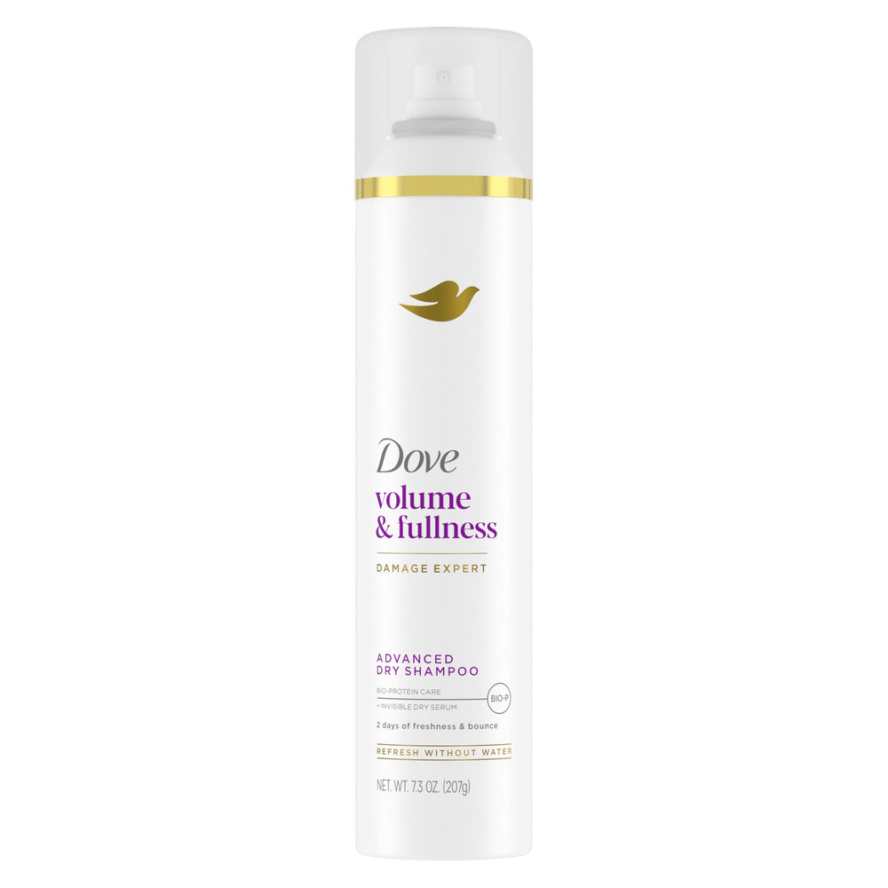 Dove Volume & Fullness dry shampoo spray on roots for instant refresh between washes.