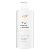 Dove Volume & Fullness shampoo bottle demonstrates all-day body for fine hair.