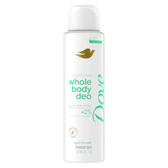 Dove Whole Body Deodorant Cooling Spray bottle, aluminum-free and skin-friendly.