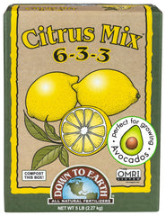 Down To Earth Citrus Mix bottle promotes lush growth for citrus trees