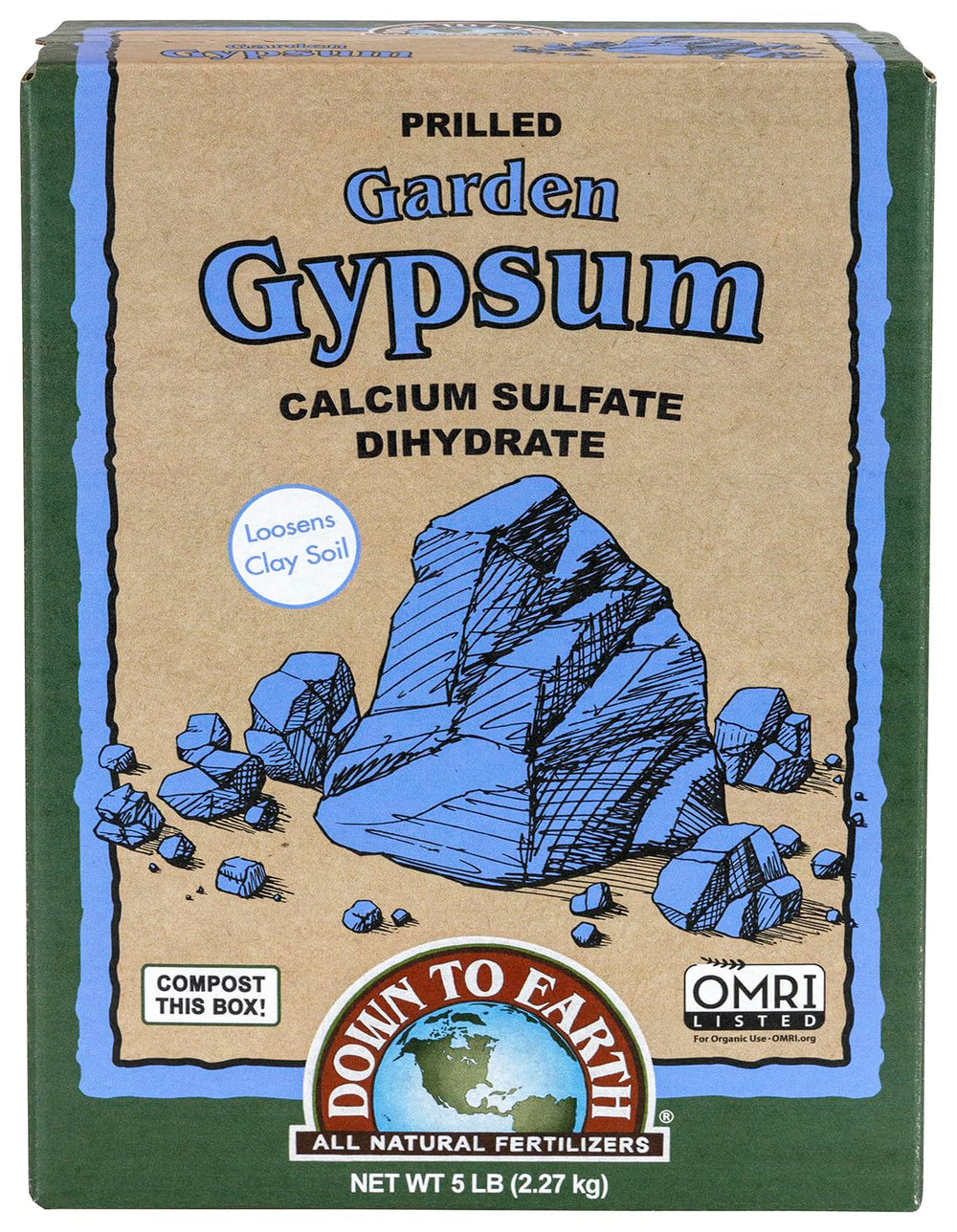 Down To Earth Garden Gypsum bag closeup, showing granular texture for soil aeration and drainage.