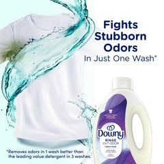 Downy Rinse Fresh Lavender label on bottle highlighting scent benefits.