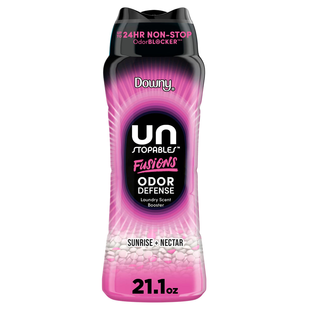 Downy Unstopables Fusions Sunrise Nectar beads bottle on a shelf with long-lasting scent.