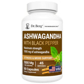 Dr. Berg Ashwagandha Capsules bottle showing 90 capsules for daily balance.