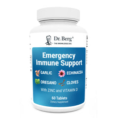 Dr. Berg Emergency Immune Support bottle on a clean countertop.