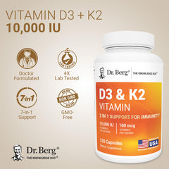 Dr. Berg D3 K2 capsules closeup showing 10,000 IU potency.