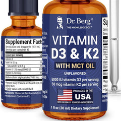 Dr. Berg Nutritionals D3 K2 liquid drops bottle showing the product and bottle design for daily use