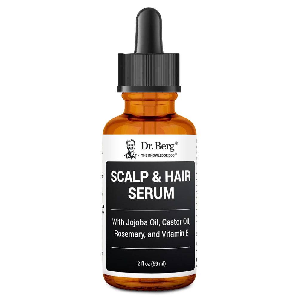 Dr. Berg Scalp and Hair Serum bottle showing premium oil blend for healthy shine.