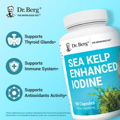 Dr. Berg Sea Kelp ingredients page shows 135 mg algae blend and 200 mcg iodine.