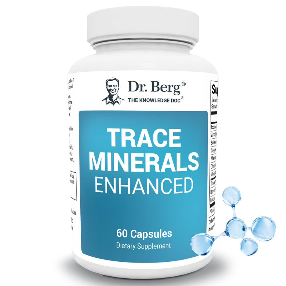 Dr. Berg Trace Minerals Enhanced bottle front shows a broad mineral blend for daily support.