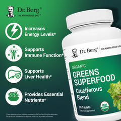 Organic label on Dr. Berg's Greens signals certified natural ingredients.