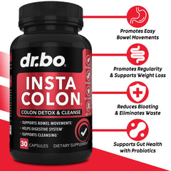 DR. BO colon cleanser capsules close-up highlighting herbal blend for gut health.