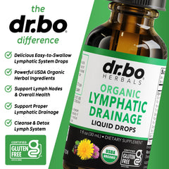 Organic seal on DR. BO drops emphasizes non-GMO, organic ingredients.