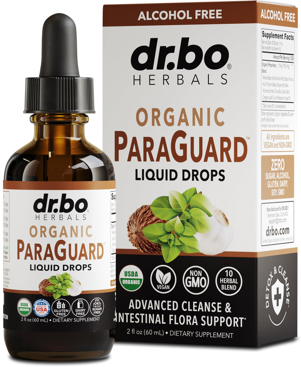 DR. BO ParaGuard bottle front shows a natural detox formula for daily gut balance.