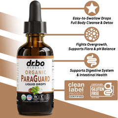 DR. BO ParaGuard bottle being poured for daily gut balance routine.