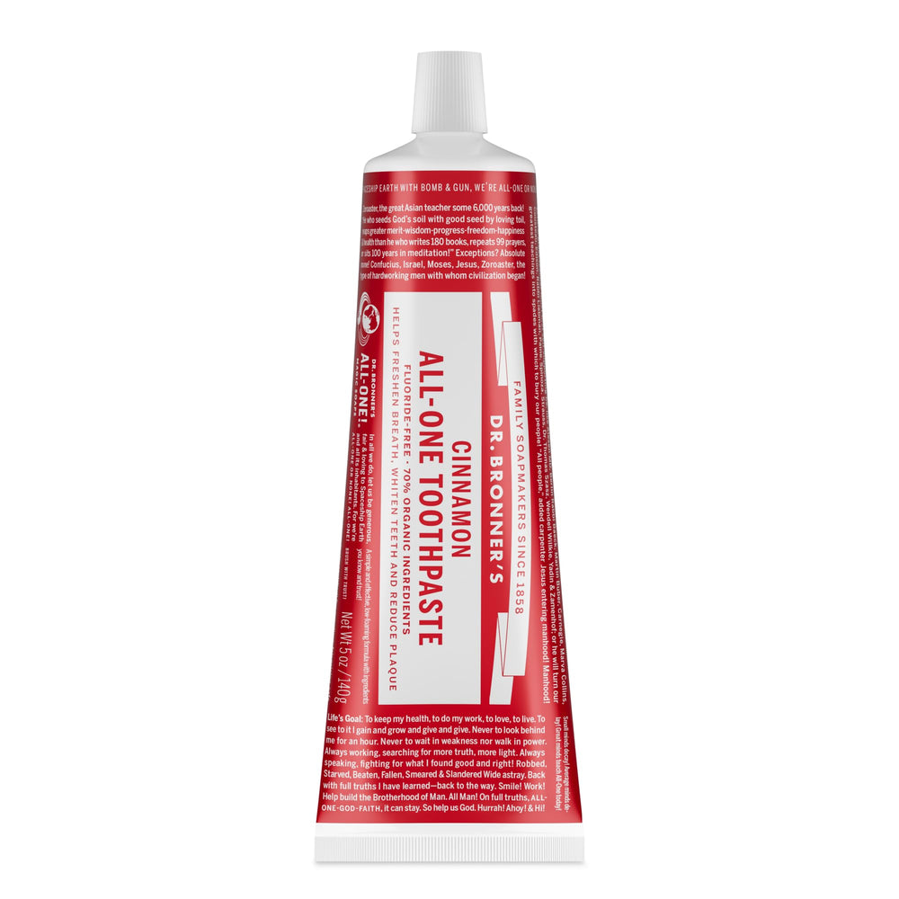 Dr. Bronner's All-One Cinnamon toothpaste tube closeup highlights natural whitening potential.