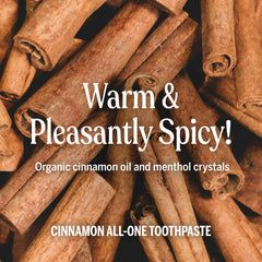 Dr. Bronner's All-One Cinnamon toothpaste label shows vegan and cruelty-free credentials.